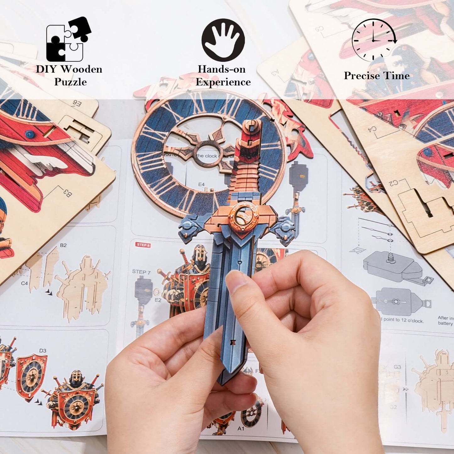 Fearless Knight 3D Wooden Puzzle Clock, Gift for DIY Lovers, Home Decor