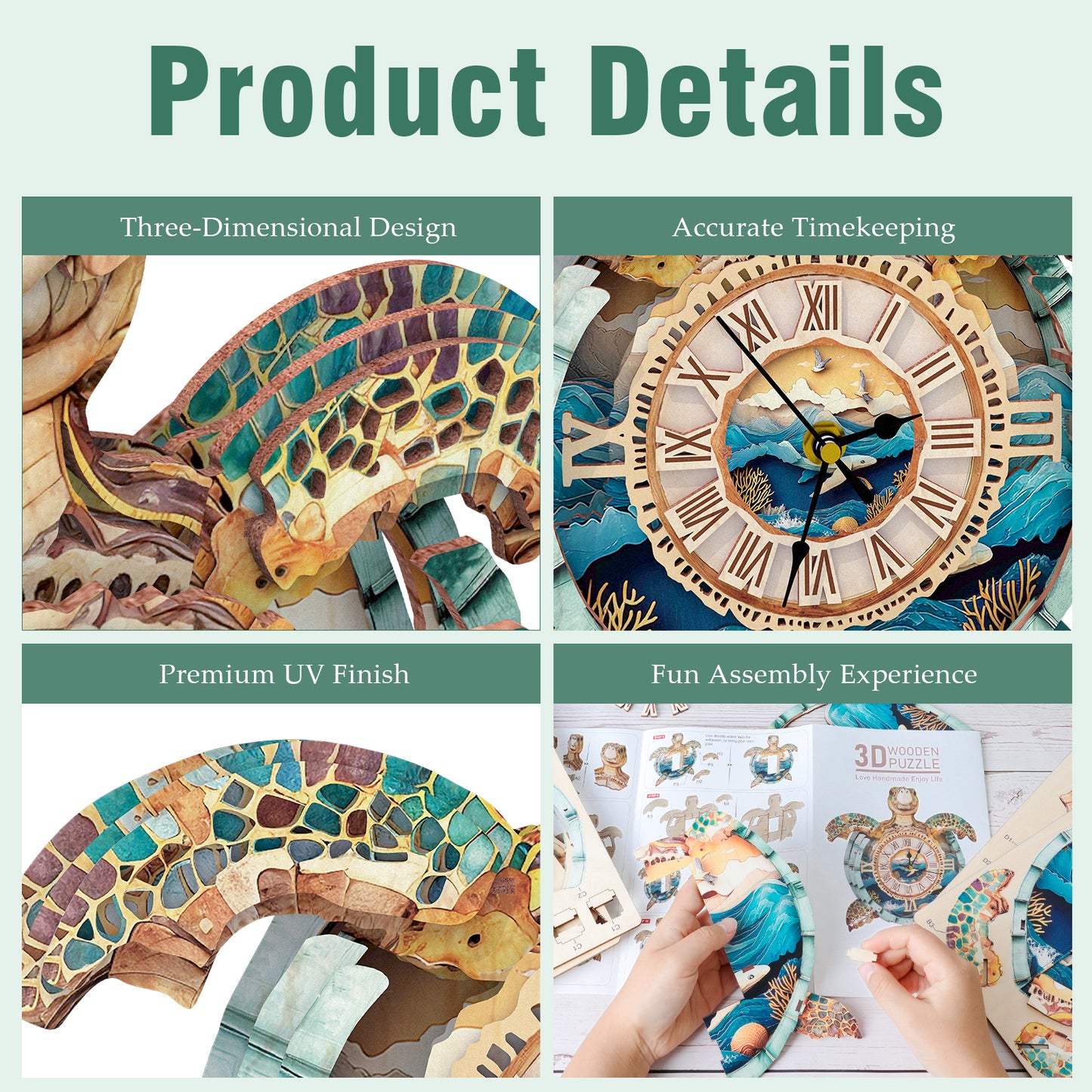 Sea Turtle 3D Wooden Puzzle Clock, Gift for DIY Lovers, Home Decor