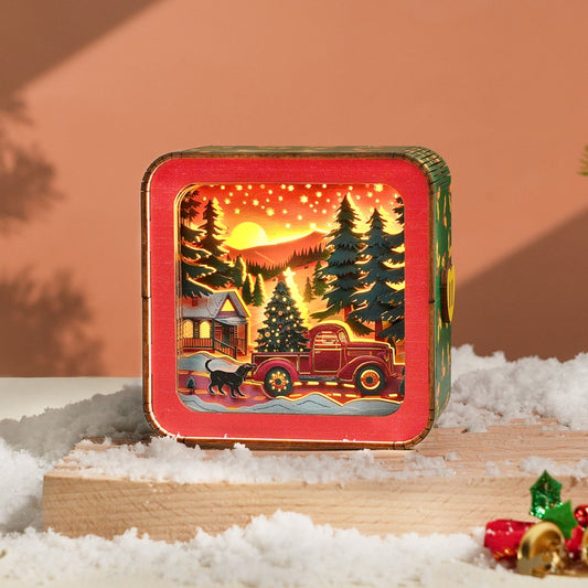 Ready for Christmas - 3D Wooden Puzzle Night Light featuring a vintage truck and snowy village scene.