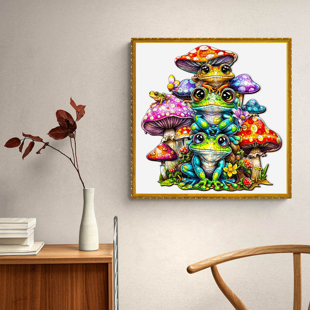 Colorful frog artwork atop vibrant mushrooms in a stylish interior setting.