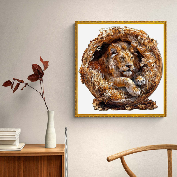 Framed 3D lion wooden jigsaw puzzle artwork on a wall, enhancing the decor of a stylish room.
