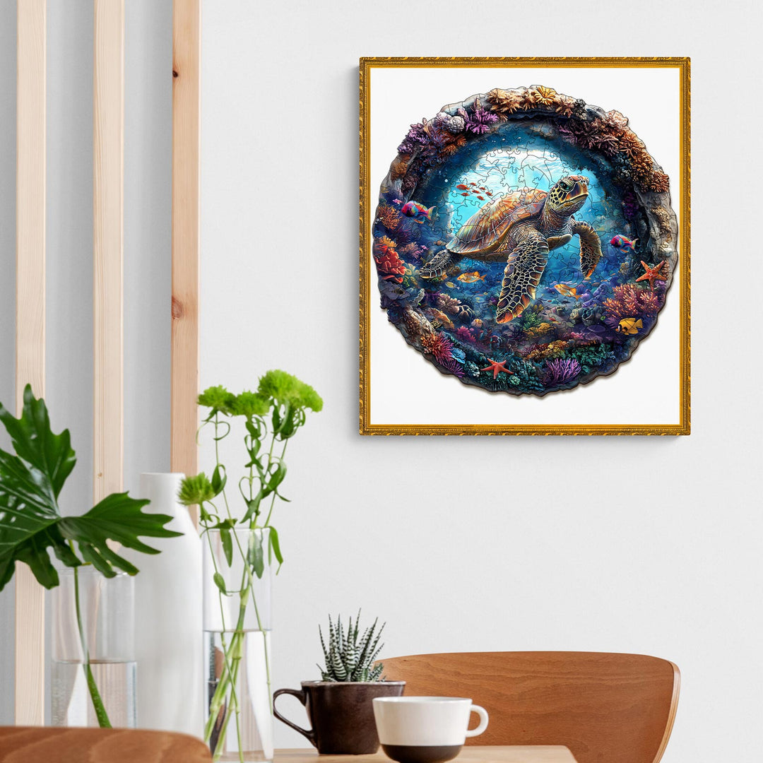 Colorful 3D turtle wooden jigsaw puzzle displayed on a wall, enhancing room decor and mindfulness.