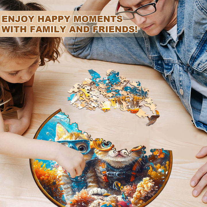 A child and adult enjoying the Diving Cats wooden jigsaw puzzle, creating memorable moments together.