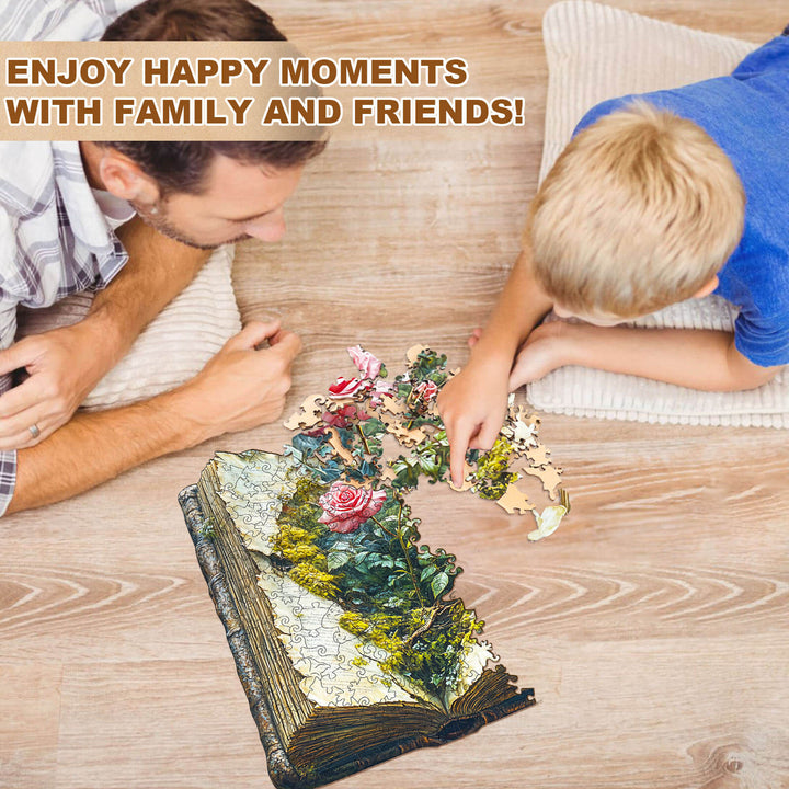 Father and son enjoying The Last Bloom wooden jigsaw puzzle, creating happy moments together.