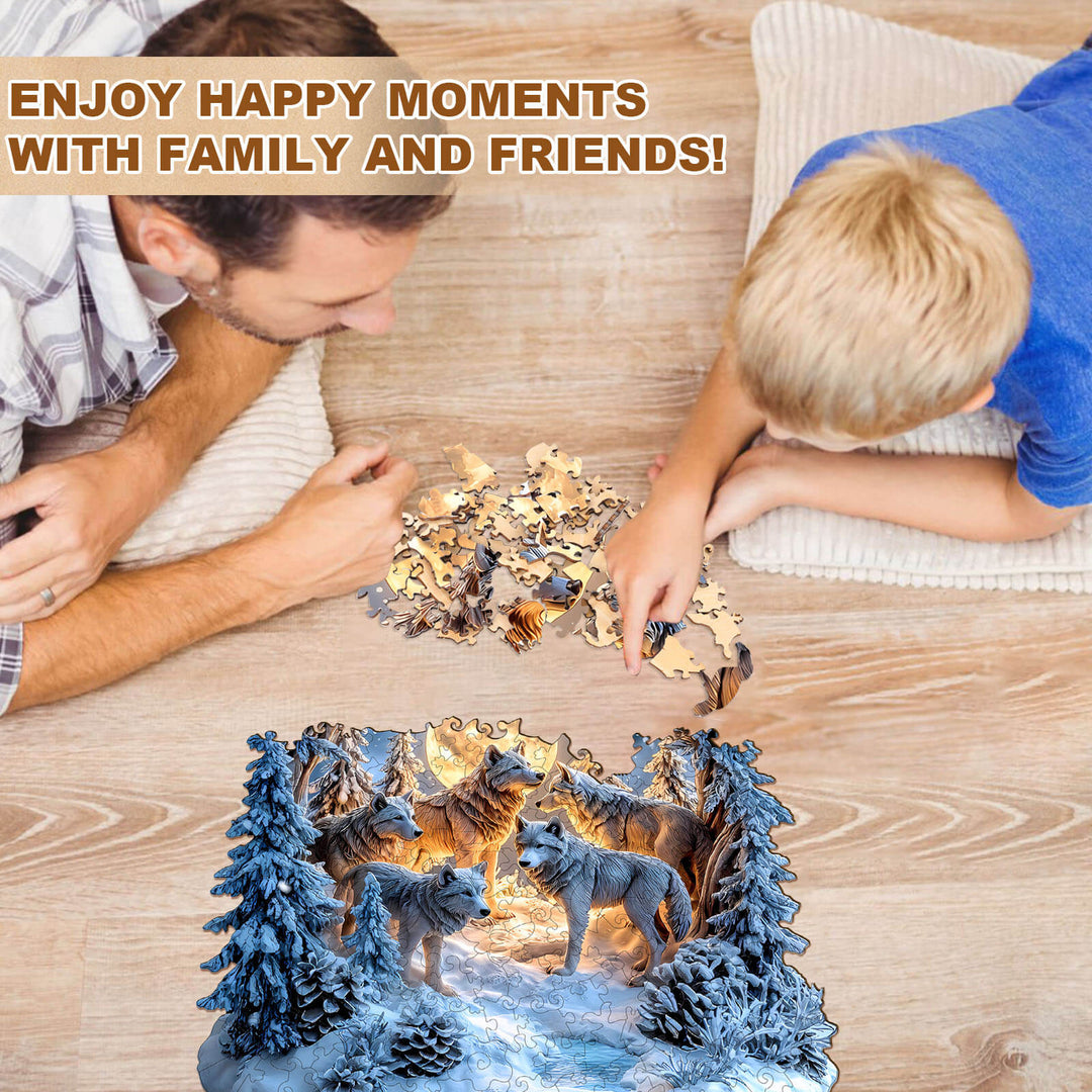 Snowy Night Wolf Pack Wooden Jigsaw Puzzle