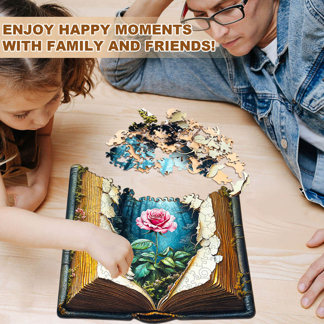 Child and adult enjoying the Blooming Story wooden jigsaw puzzle, fostering family bonding and fun moments.