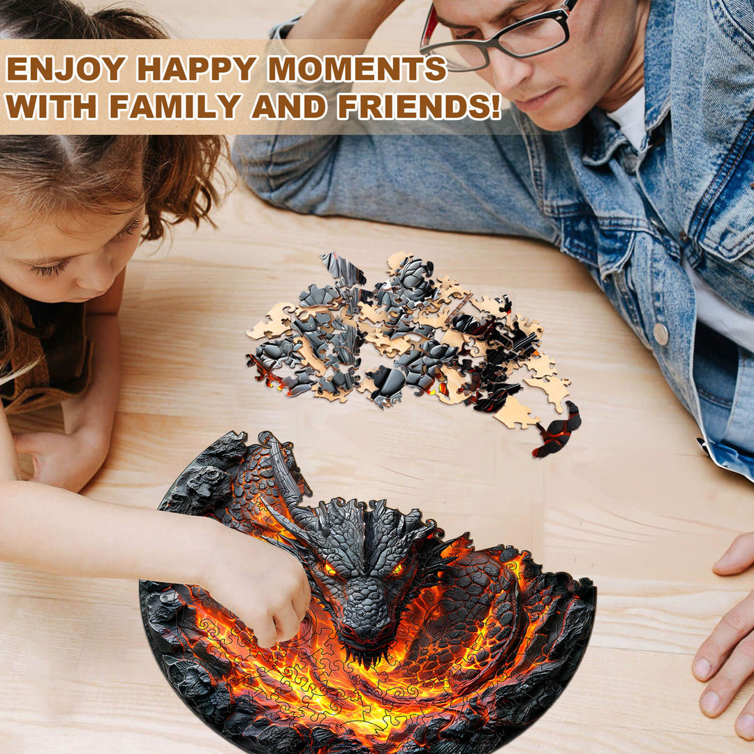A child and adult work on assembling a 3D flame wall dragon wooden jigsaw puzzle, sharing joyful moments together.