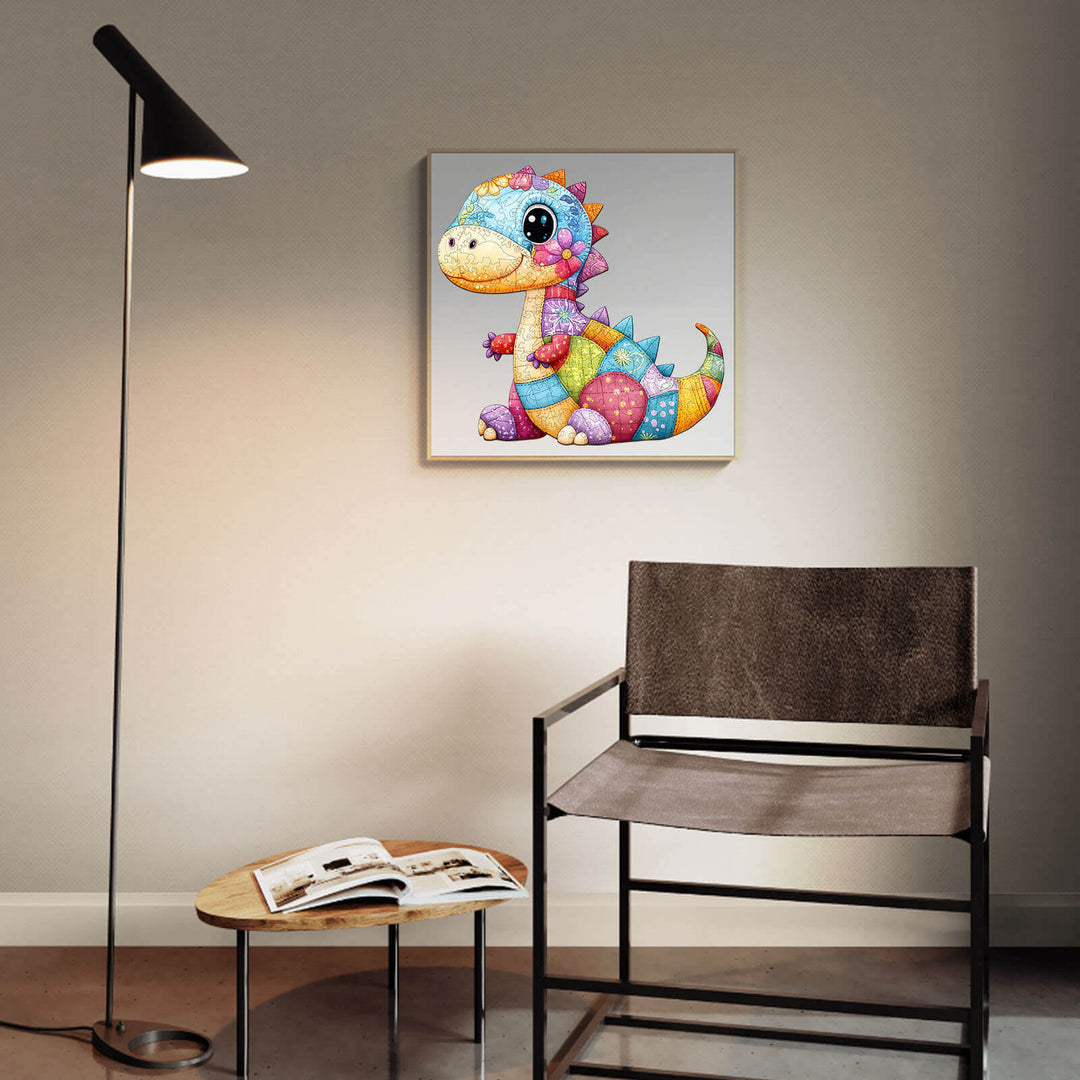 Colorful patchwork dinosaur illustration on a wall, perfect for children's rooms and educational themes.
