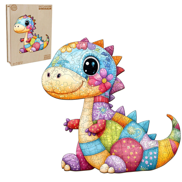 Colorful patchwork dinosaur wooden jigsaw puzzle, perfect for kids' brain development and gift giving.