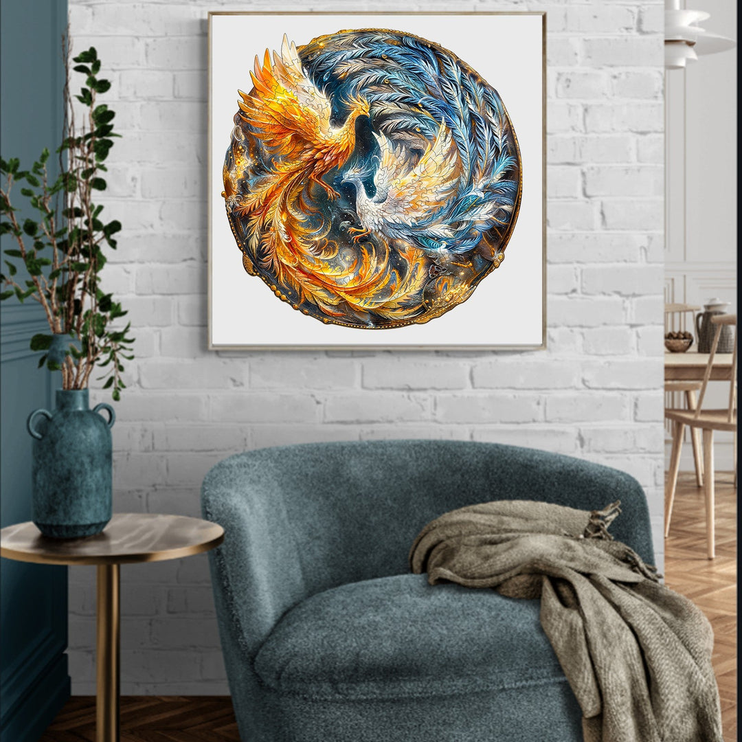 Yin Yang Phoenix-2 wooden jigsaw puzzle artwork featuring vibrant blue and orange designs on a wall.