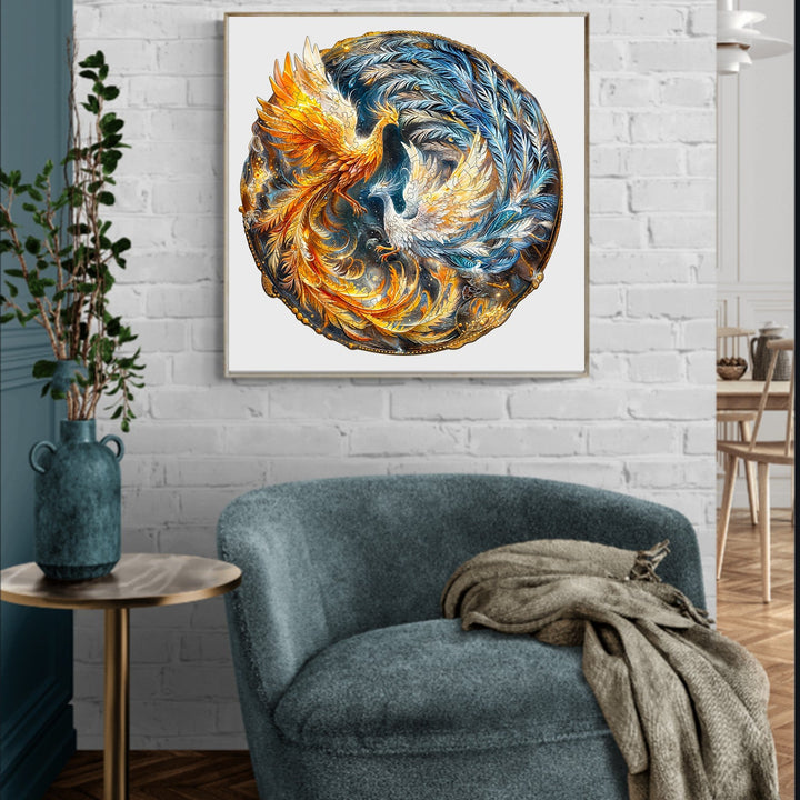 Yin Yang Phoenix-2 wooden jigsaw puzzle artwork featuring vibrant blue and orange designs on a wall.