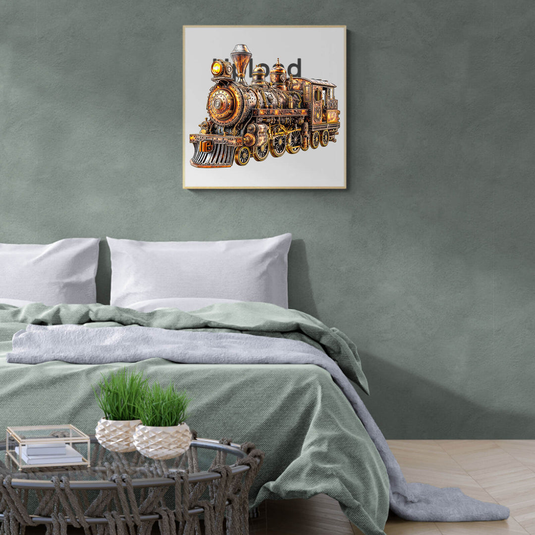 3D Mechanical Steam Train Wooden Jigsaw Puzzle displayed in a cozy bedroom interior with soft bedding and modern decor.