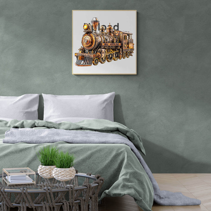 3D Mechanical Steam Train Wooden Jigsaw Puzzle displayed in a cozy bedroom interior with soft bedding and modern decor.