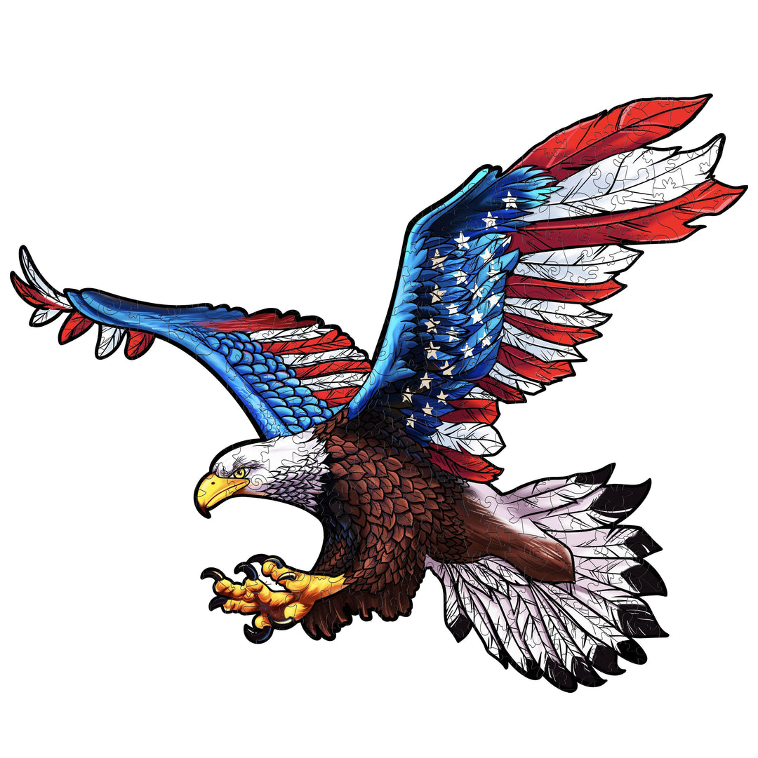 Colorful eagle illustration with American flag design, showcasing its detailed feathers and strong wings.