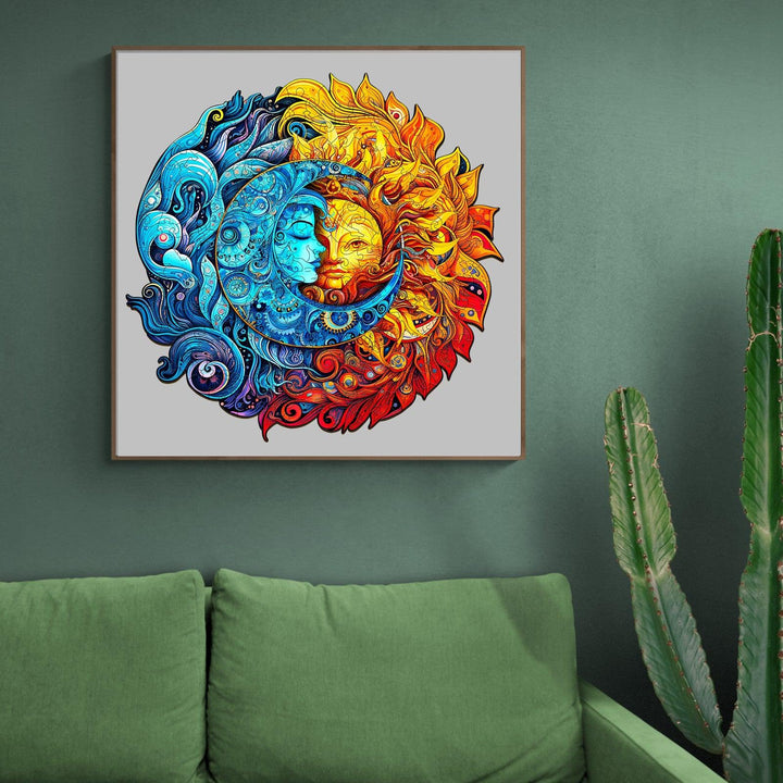 Colorful sun and moon artwork in a stylish living room, adding vibrant decor to the space.