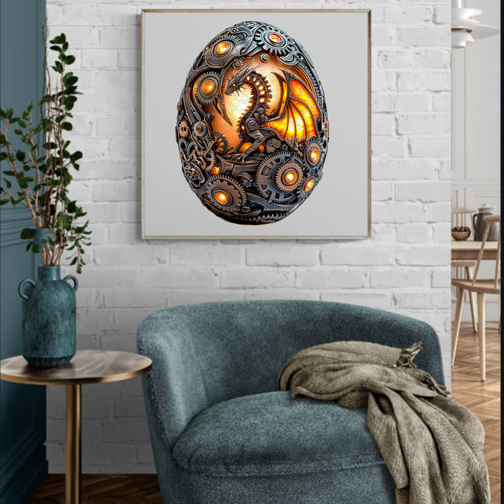 Mechanical Dragon Egg wooden jigsaw puzzle displayed on wall, showcasing intricate gears and glowing dragon design.