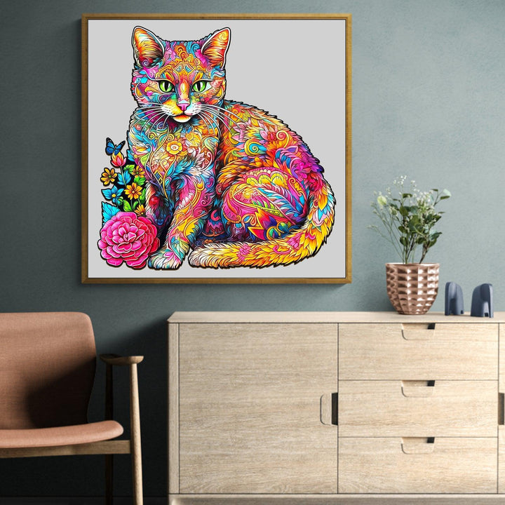 Colorful cat art print with floral patterns, displayed in a modern living room setting.