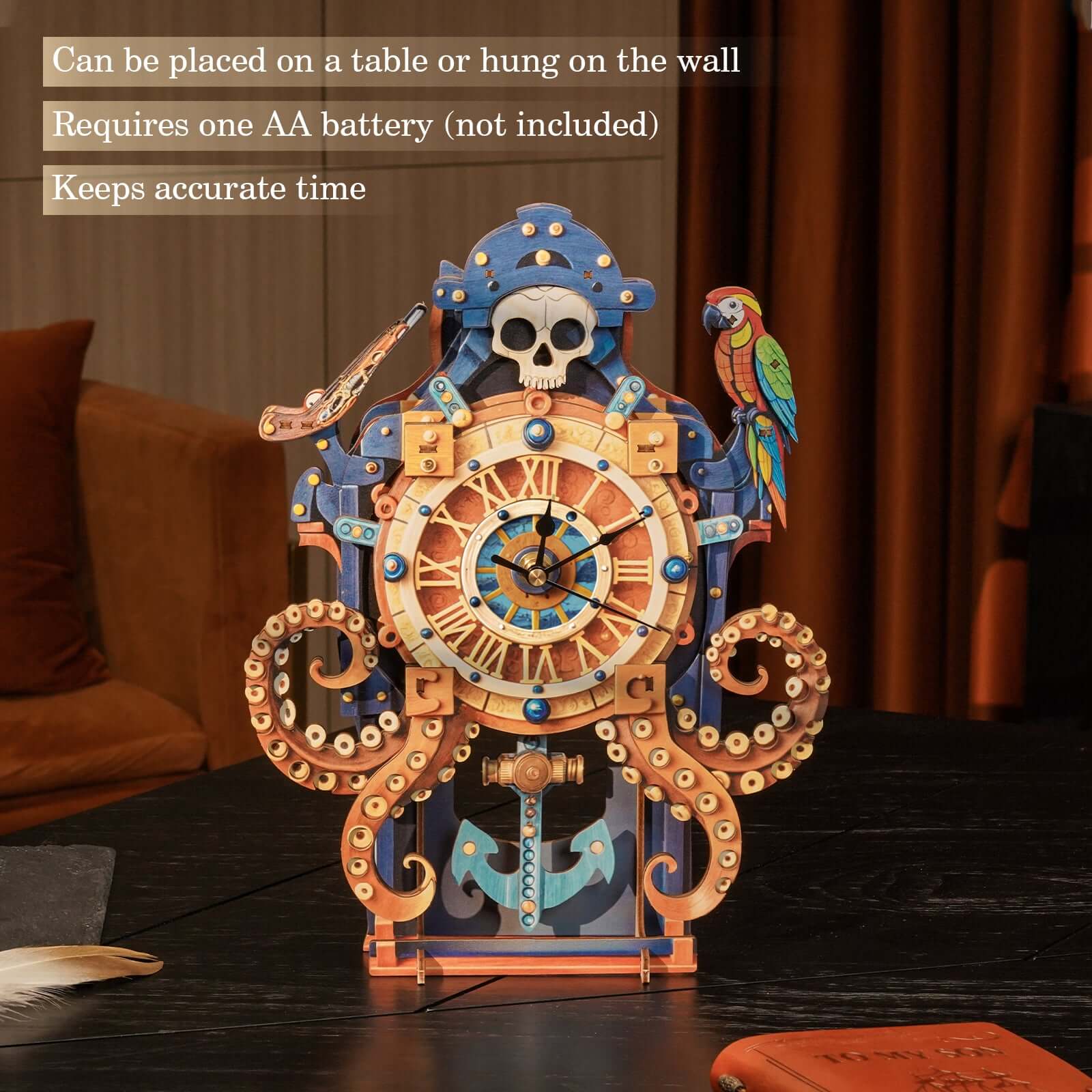 Skull Captain's Phantom Voyage DIY Wooden Clock, 3D Puzzle Craft Kit