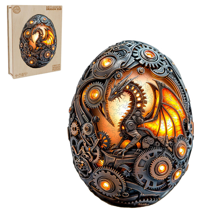Mechanical Dragon Egg wooden jigsaw puzzle featuring intricate gears and glowing elements, ideal for mind games and focus.
