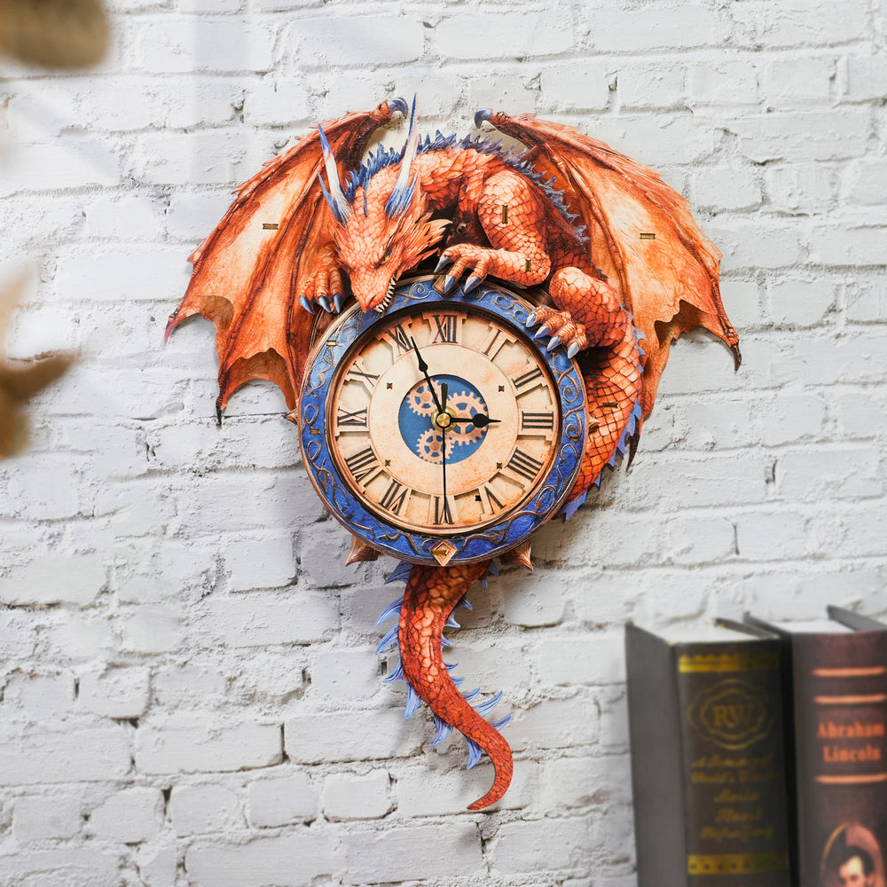 Emberclaw Guardian 3D Wooden Puzzle Clock, DIY Craft Kit displayed on a brick wall with a dragon design.