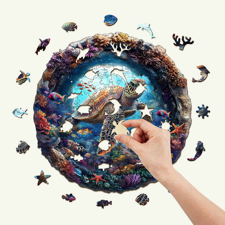 3D Turtle wooden jigsaw puzzle being solved, showcasing vibrant sea life and intricate details for mind games.