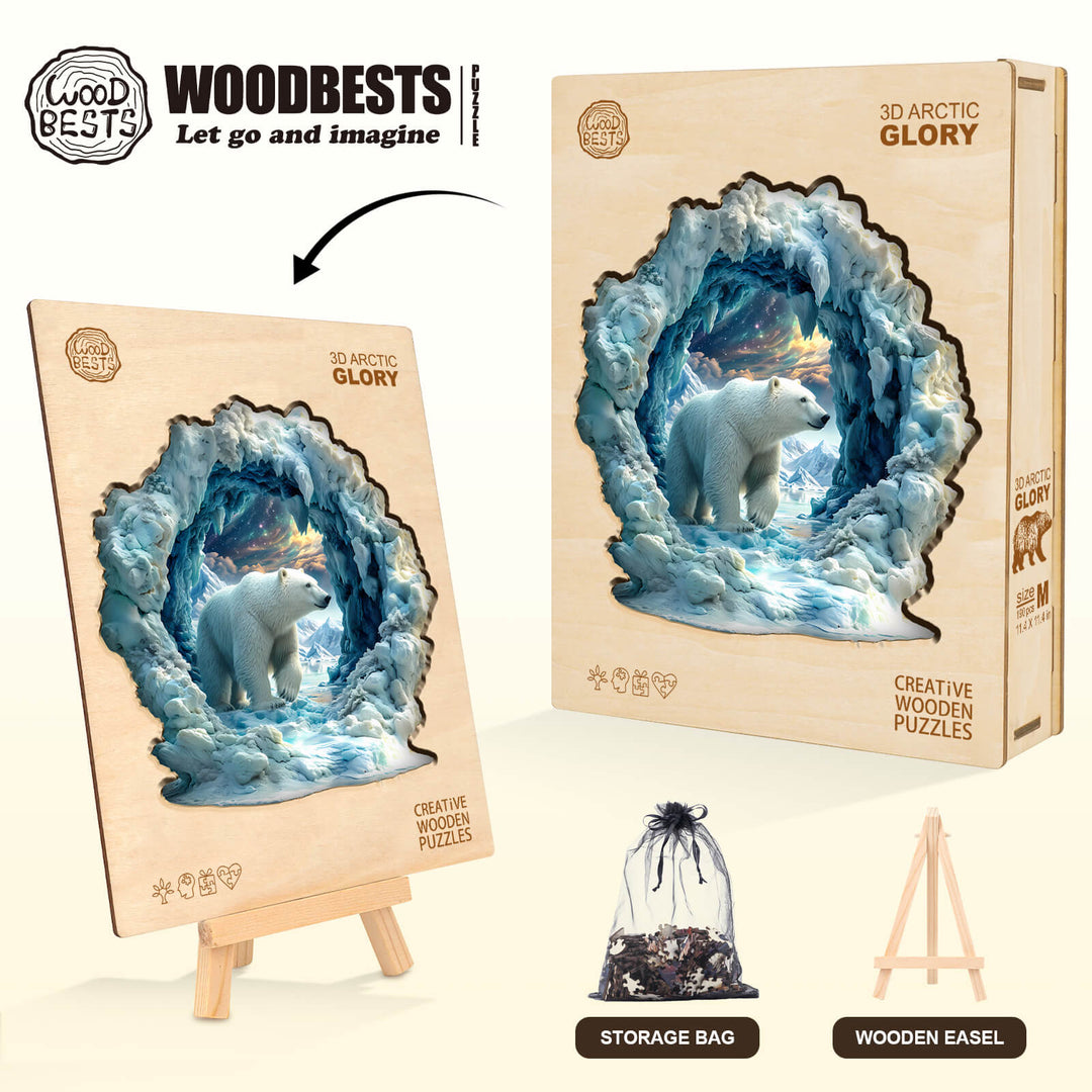 3D Arctic Glory Wooden Jigsaw Puzzle featuring a polar bear in an icy cave, complete with storage bag and easel.