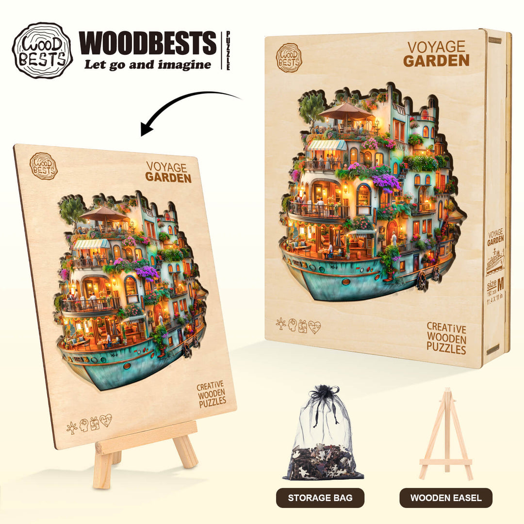 Voyage Garden wooden jigsaw puzzle, promoting focus and mental engagement with colorful design and accessories.