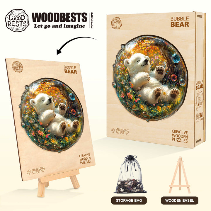 Bubble Bear Wooden Jigsaw Puzzle displayed with storage bag and easel; perfect for developing focus and problem-solving skills.
