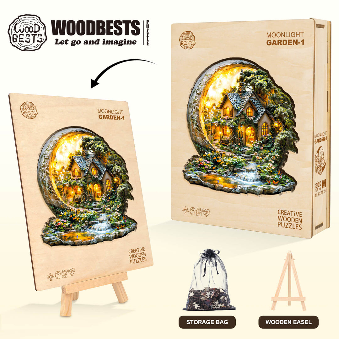 Moonlight Garden-1 wooden jigsaw puzzle with charming cottage and storage bag, designed to enhance focus and problem-solving skills.