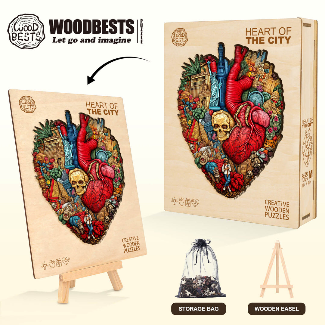 Heart of the City wooden jigsaw puzzle featuring vibrant artwork with a skull, heart, and city elements.