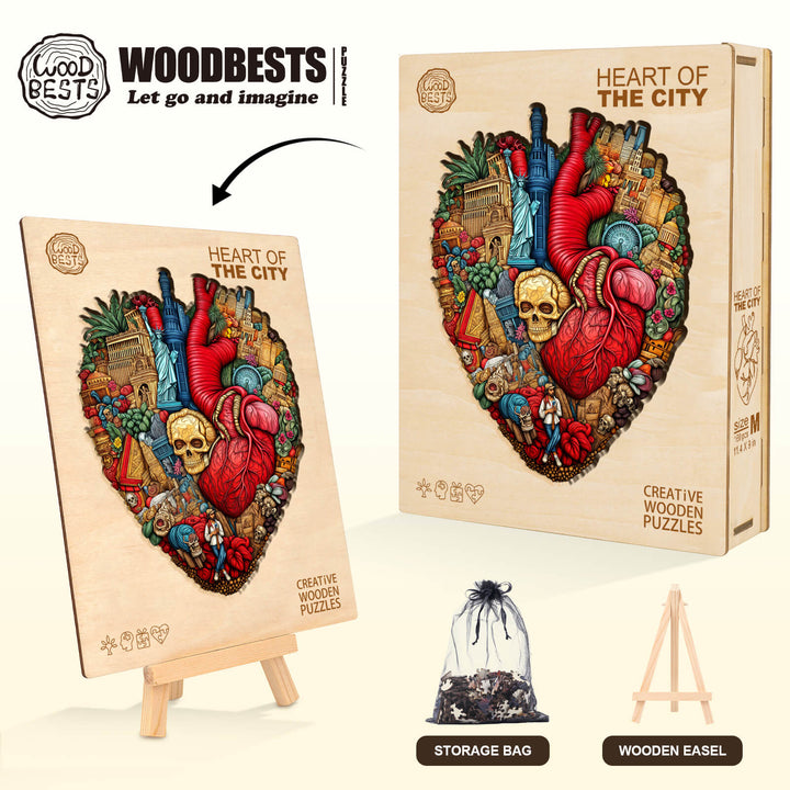 Heart of the City wooden jigsaw puzzle featuring vibrant artwork with a skull, heart, and city elements.