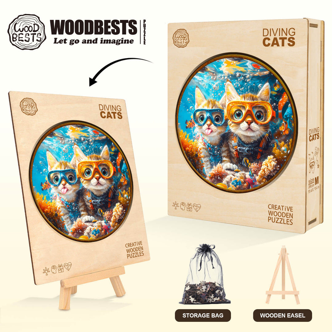 Diving Cats wooden jigsaw puzzle with cats in goggles, featuring storage bag and easel for creative fun.