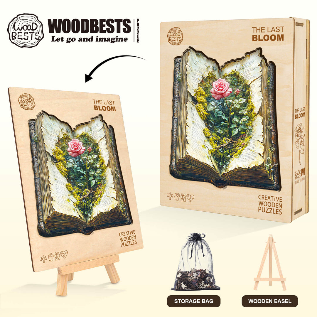 The Last Bloom wooden jigsaw puzzle featuring a floral design, displayed on an easel with a storage bag.