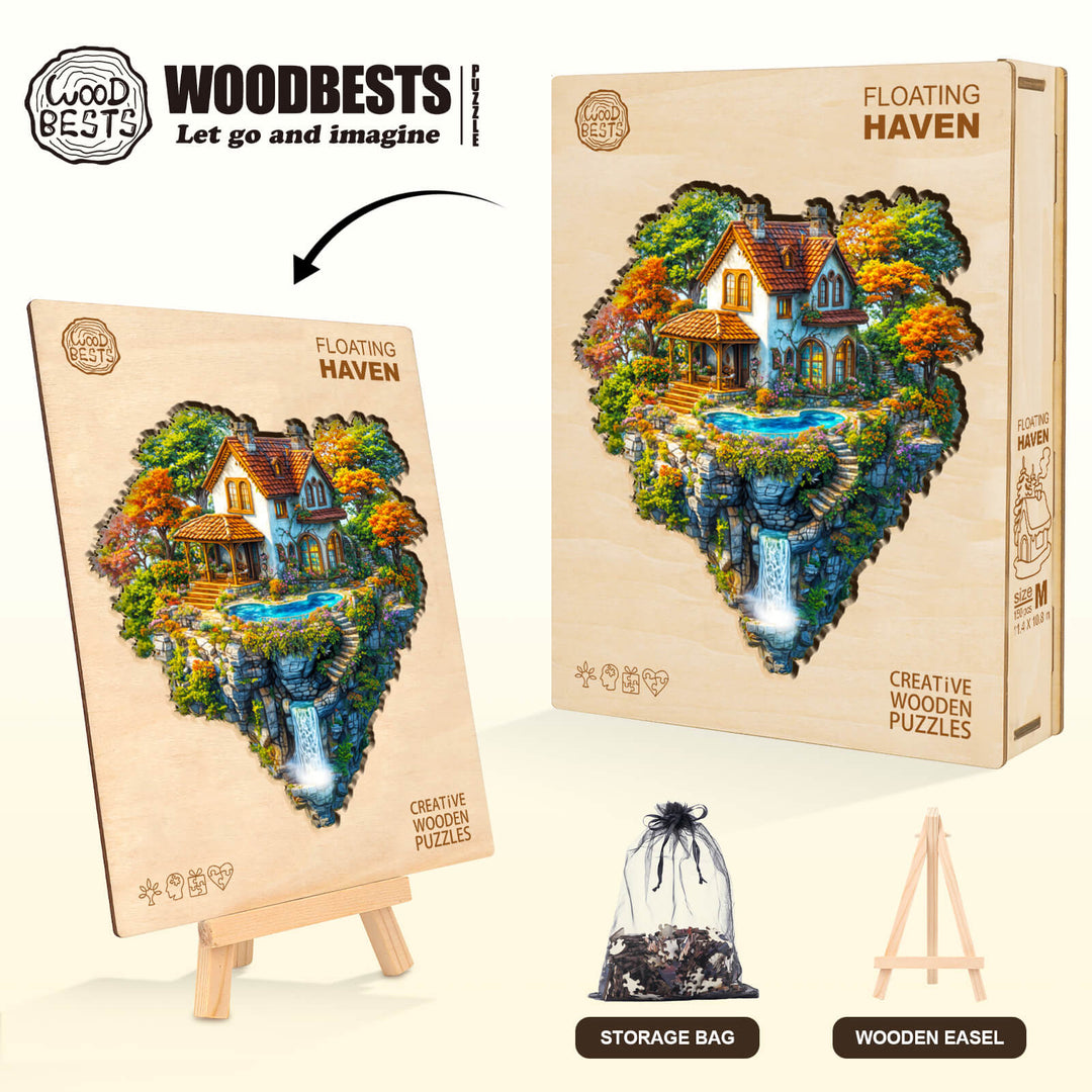 Floating Haven wooden jigsaw puzzle featuring a picturesque house by a waterfall, promoting creativity and focus.