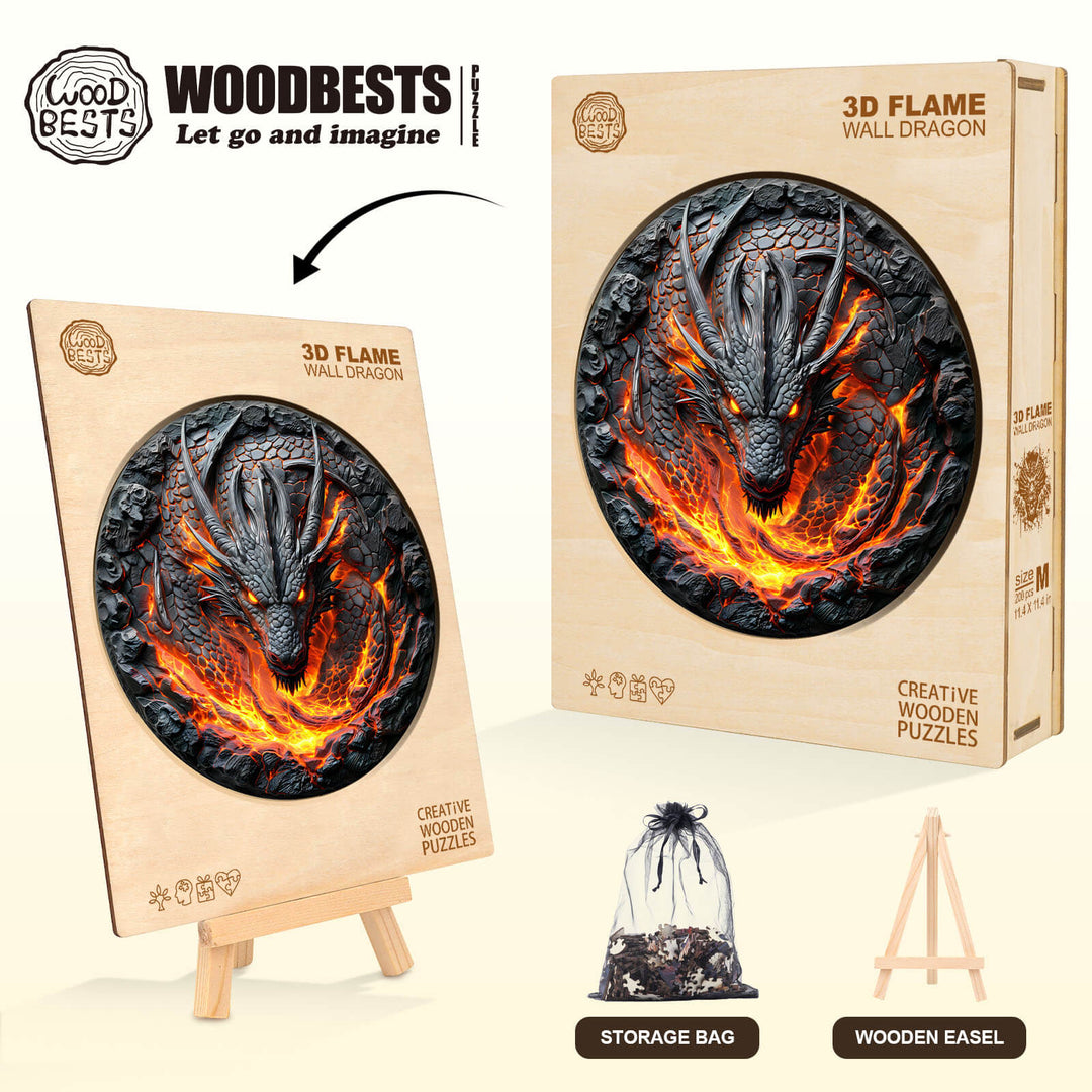 3D flame wall dragon wooden jigsaw puzzle for mind games, enhancing focus and creativity, designed by Woodbests.