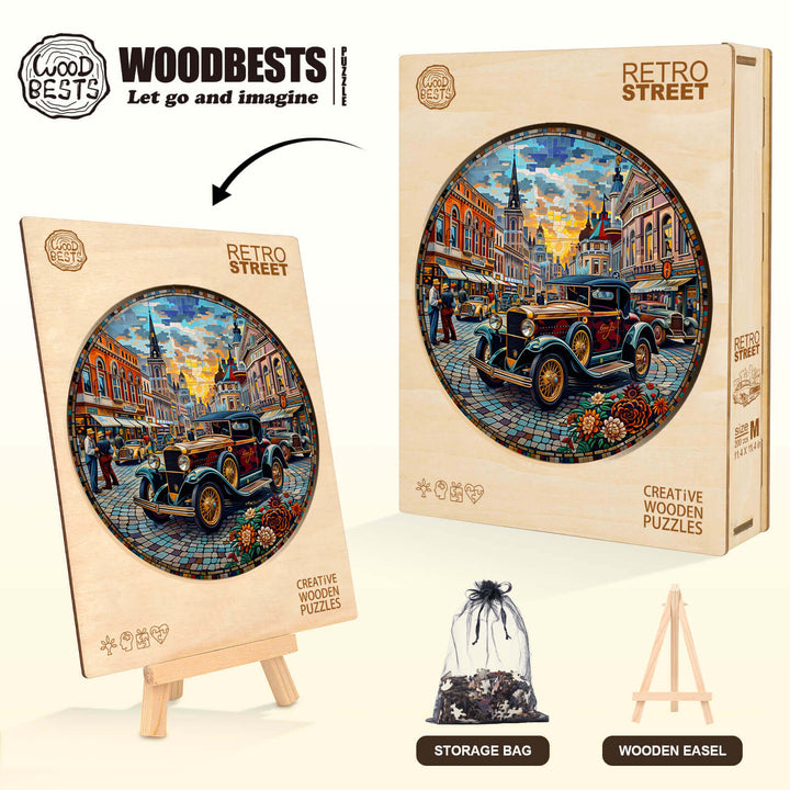 Retro Street wooden jigsaw puzzle featuring classic cars, vibrant cityscape, and creative design for puzzle enthusiasts.