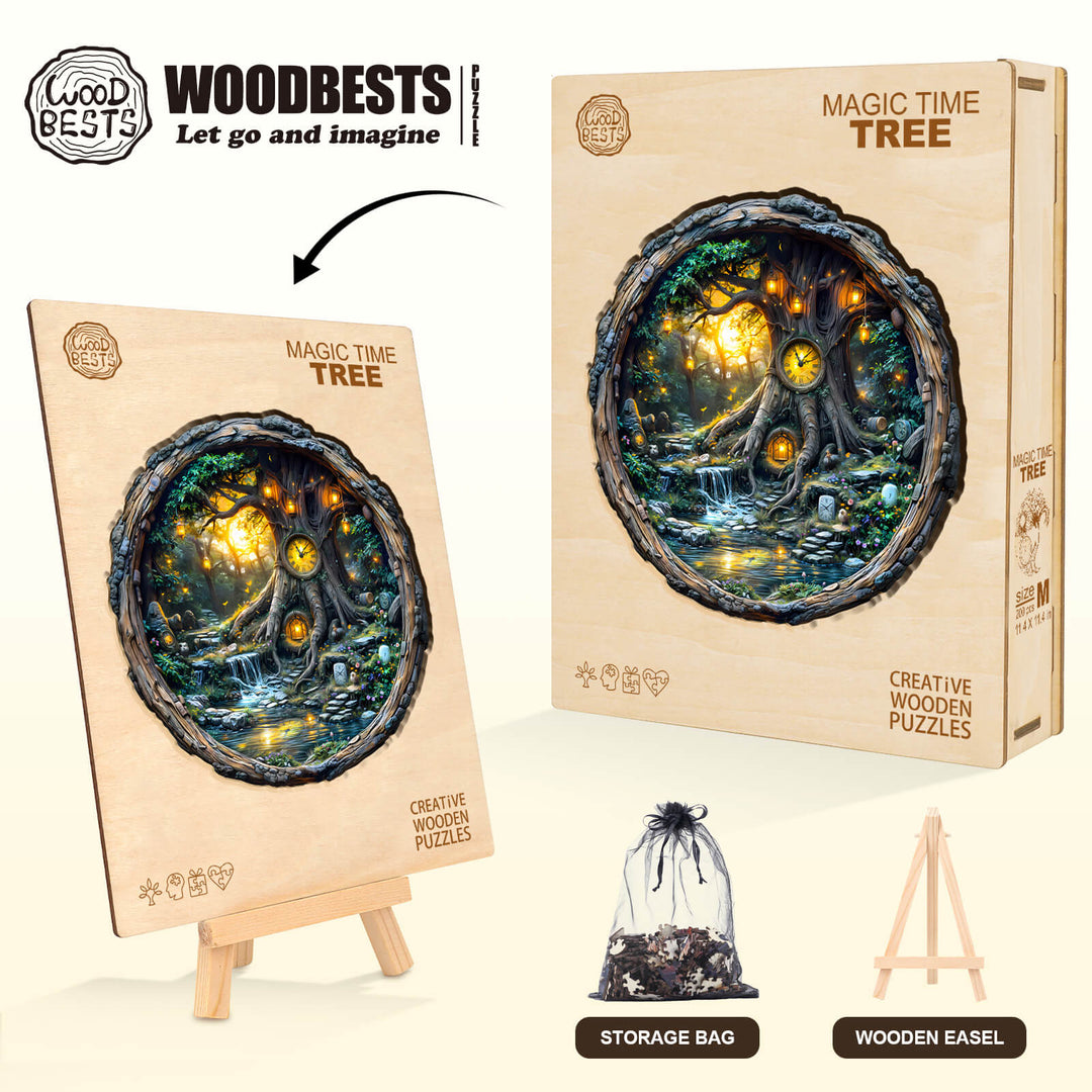 Magic Time Tree wooden jigsaw puzzle with beautifully illustrated scene and storage bag, ideal for mind games and focus.