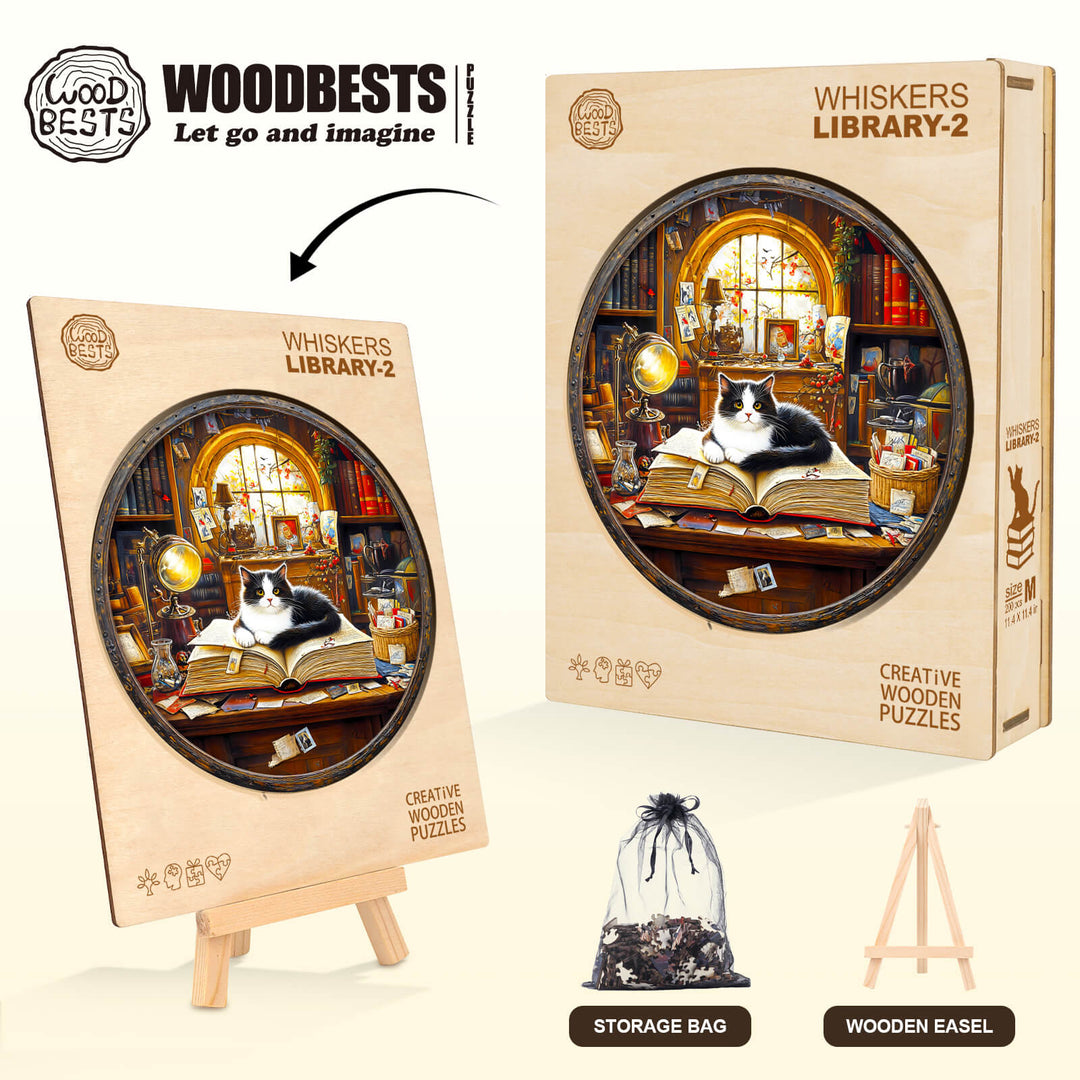 Whiskers Library-2 wooden jigsaw puzzle featuring a cat in a cozy library setting, promoting focus and cognitive skills.
