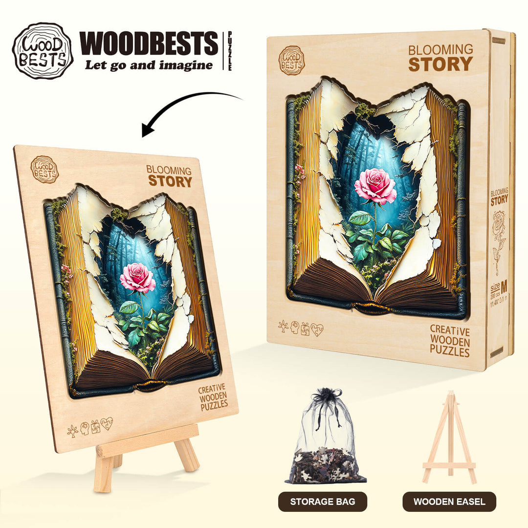 Blooming Story wooden jigsaw puzzle with an open book design and a scenic interior, perfect for mind games and focus.