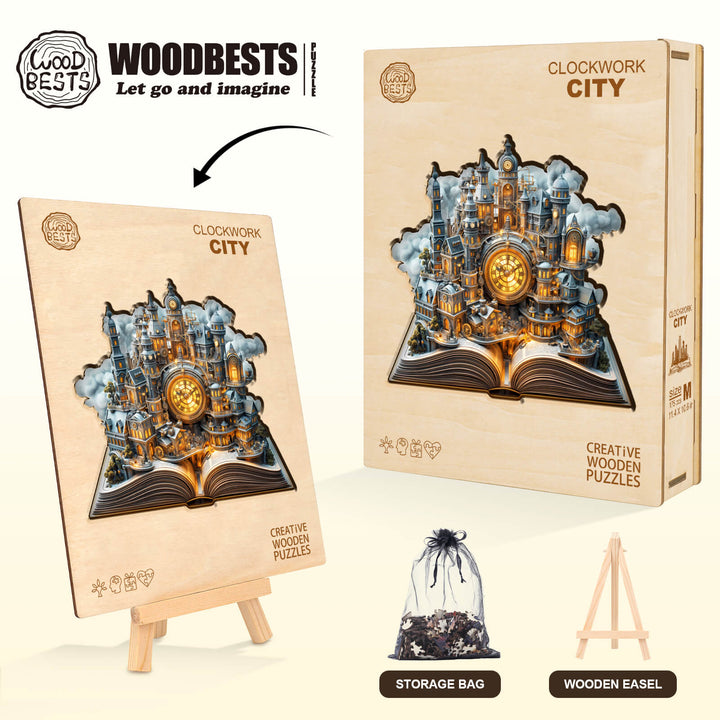 Clockwork City wooden jigsaw puzzle with intricate design, storage bag, and easel for enhanced puzzle-solving experience.