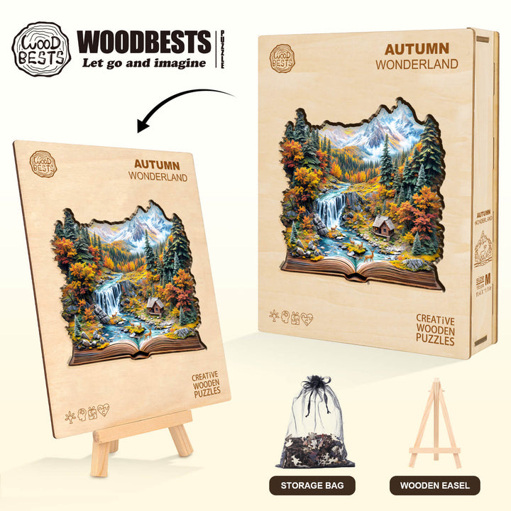 Autumn Wonderland wooden jigsaw puzzle set showcasing a scenic forest and waterfall, complete with storage bag and easel.