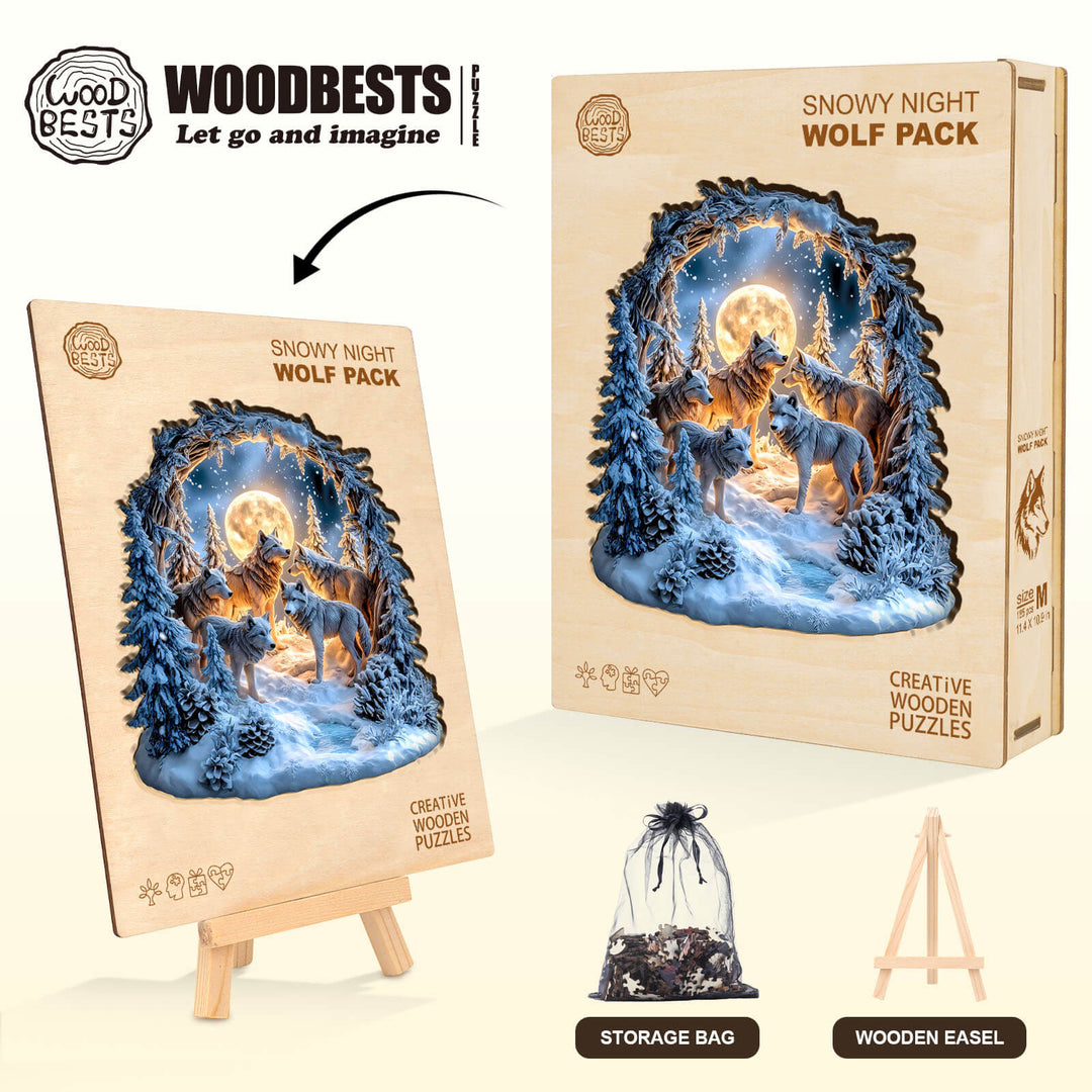 Snowy Night Wolf Pack Wooden Jigsaw Puzzle