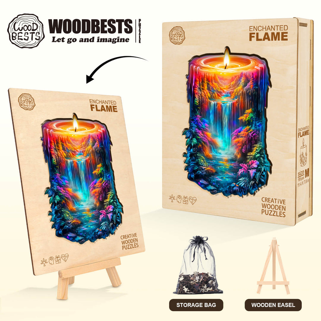 Enchanted Flame Wooden Jigsaw Puzzle by Woodbest, featuring colorful candle design, stored with wooden easel and bag.