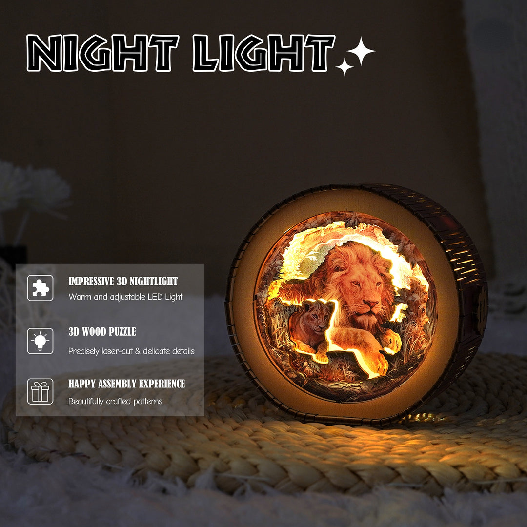 Mother Lion & Cubs - 3D Wooden Puzzle Night Light Kit