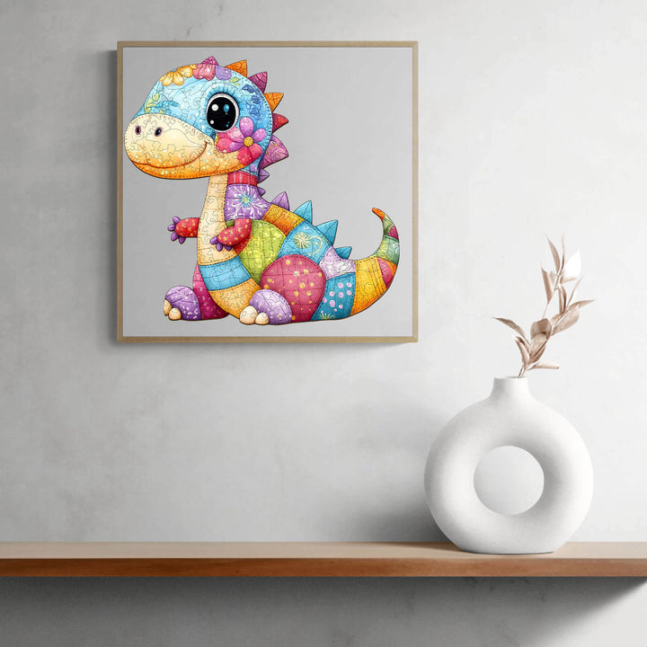 Colorful patchwork dinosaur wooden jigsaw puzzle perfect for developing problem-solving skills and coordination.