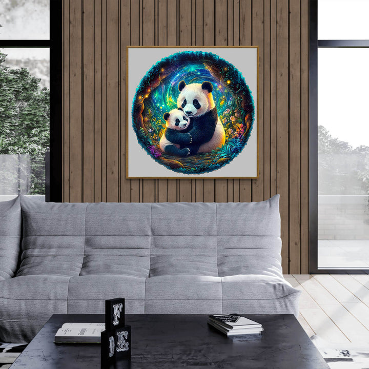 Colorful art of a panda family, showcasing mother and cub in a whimsical forest design, perfect for home decor.
