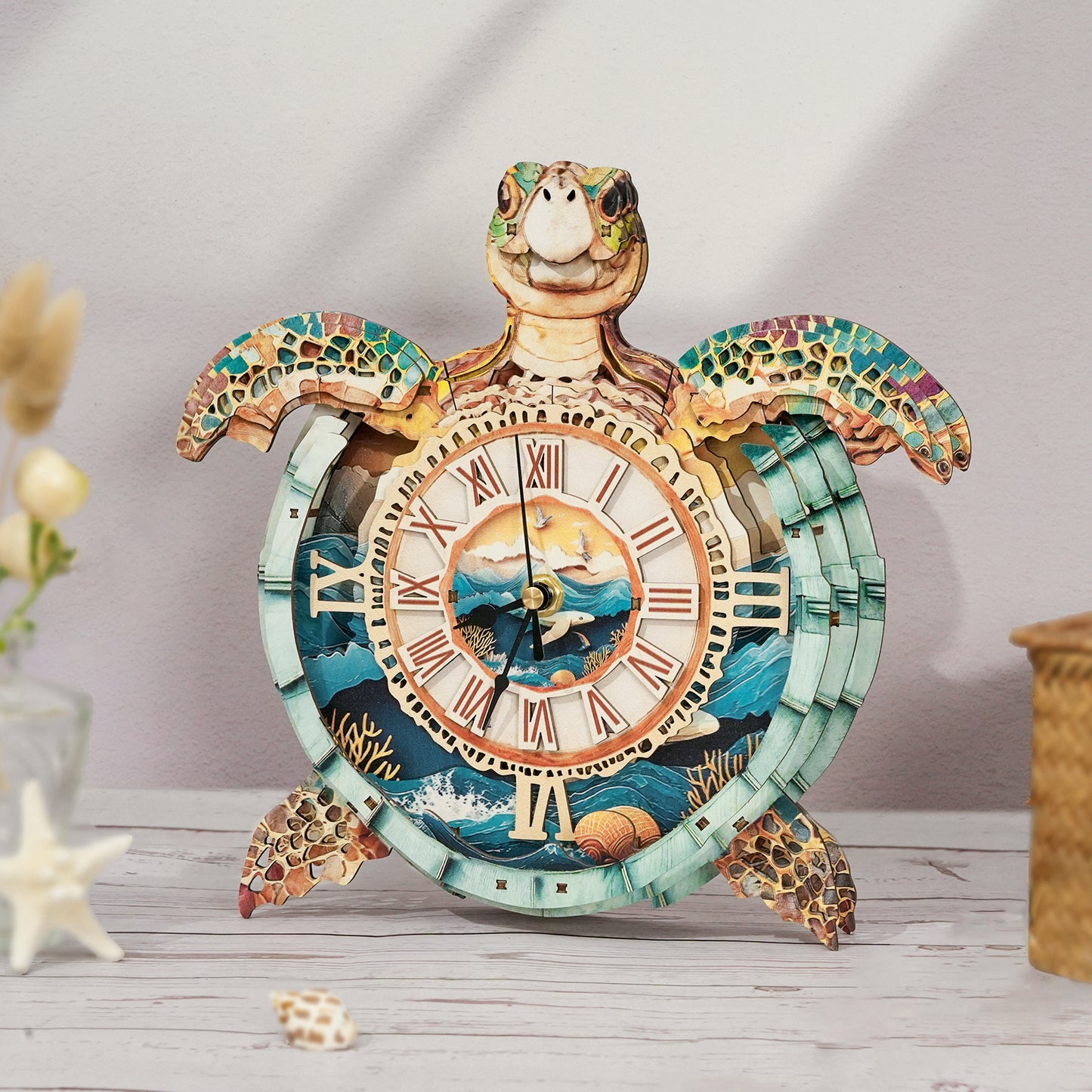 Sea Turtle 3D Wooden Puzzle Clock, Gift  for DIY Lovers, Home Decor