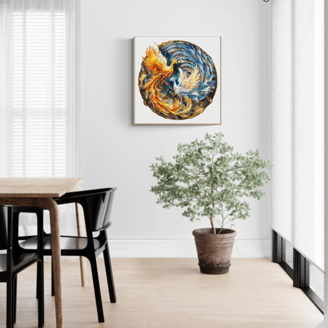 Yin Yang Phoenix-2 wooden jigsaw puzzle displayed in a modern living space with a plant and dining table.