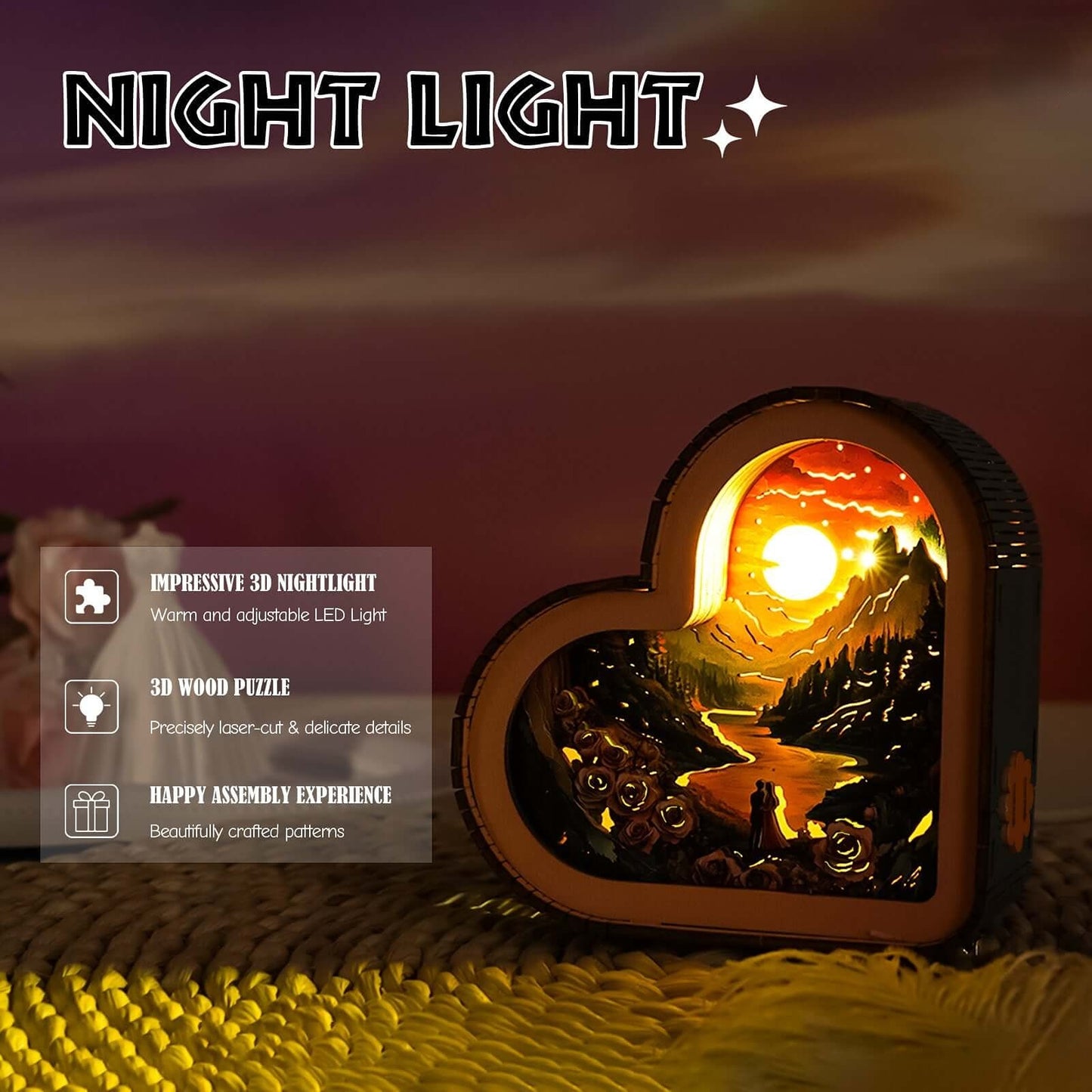Roses and Lovers - 3D Wooden Puzzle Night Light