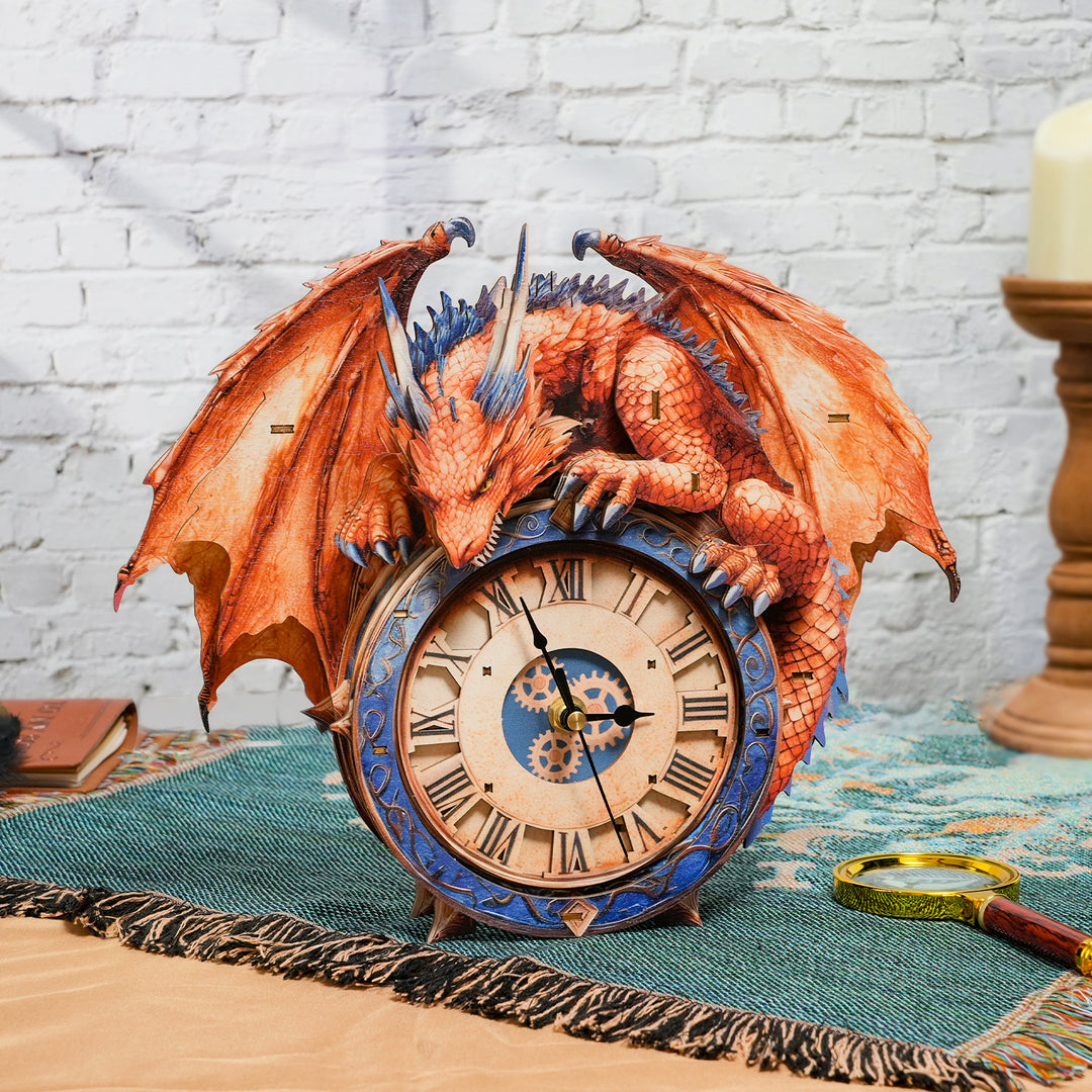Emberclaw Guardian 3D Wooden Puzzle Clock, DIY Craft Kit featuring a detailed red dragon design.